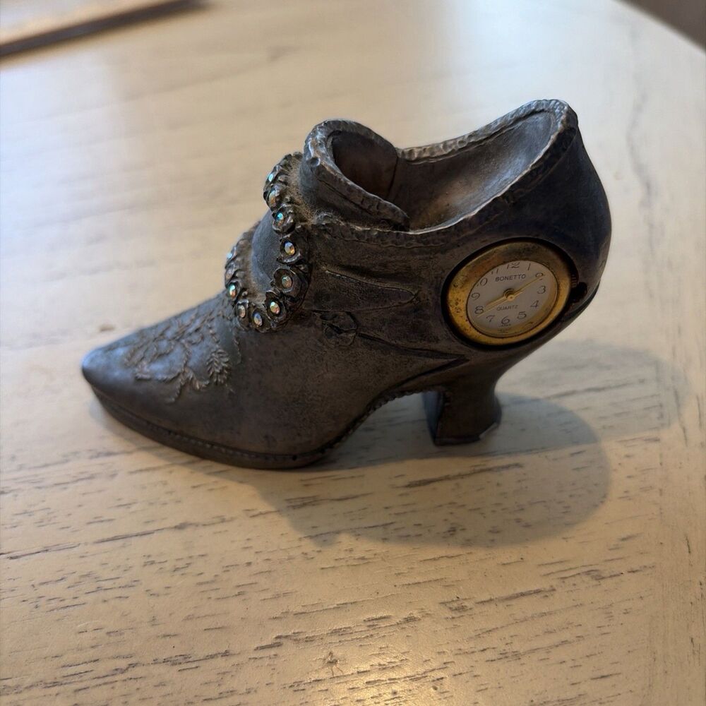 BONETTO Miniature High Heel Shoe with Quartz Clock - Gray with Rhinestones